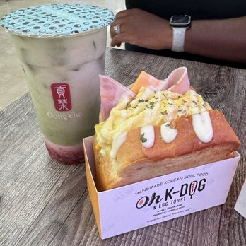 Oh K Dog - Korean Ham and Egg Drop Sandwich (Strawberry Matcha from Gong Cha) - Hot Dogs Near Me - Lewisville, Texas Oh K Dog - Korean Ham and Egg Drop Sandwich (Strawberry Matcha from Gong Cha) - Hot Dogs Near Me - Lewisville, Texas