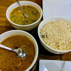 Green Chili Indian Restaurant - Clockwise from top: Methi mattar malai, rice, lamb rogan josh
