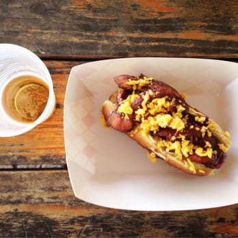 Moon Tower - Elk hot dog with bacon and cheddar. Brooklyn summer ale. - Dive Bars Near Me - Houston, Texas Moon Tower - Elk hot dog with bacon and cheddar. Brooklyn summer ale. - Dive Bars Near Me - Houston, Texas