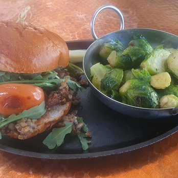 West Saloon & Kitchen  - terrible presentation - messy burger and mushy brussels sprouts - American Near Me - Denver, Colorado