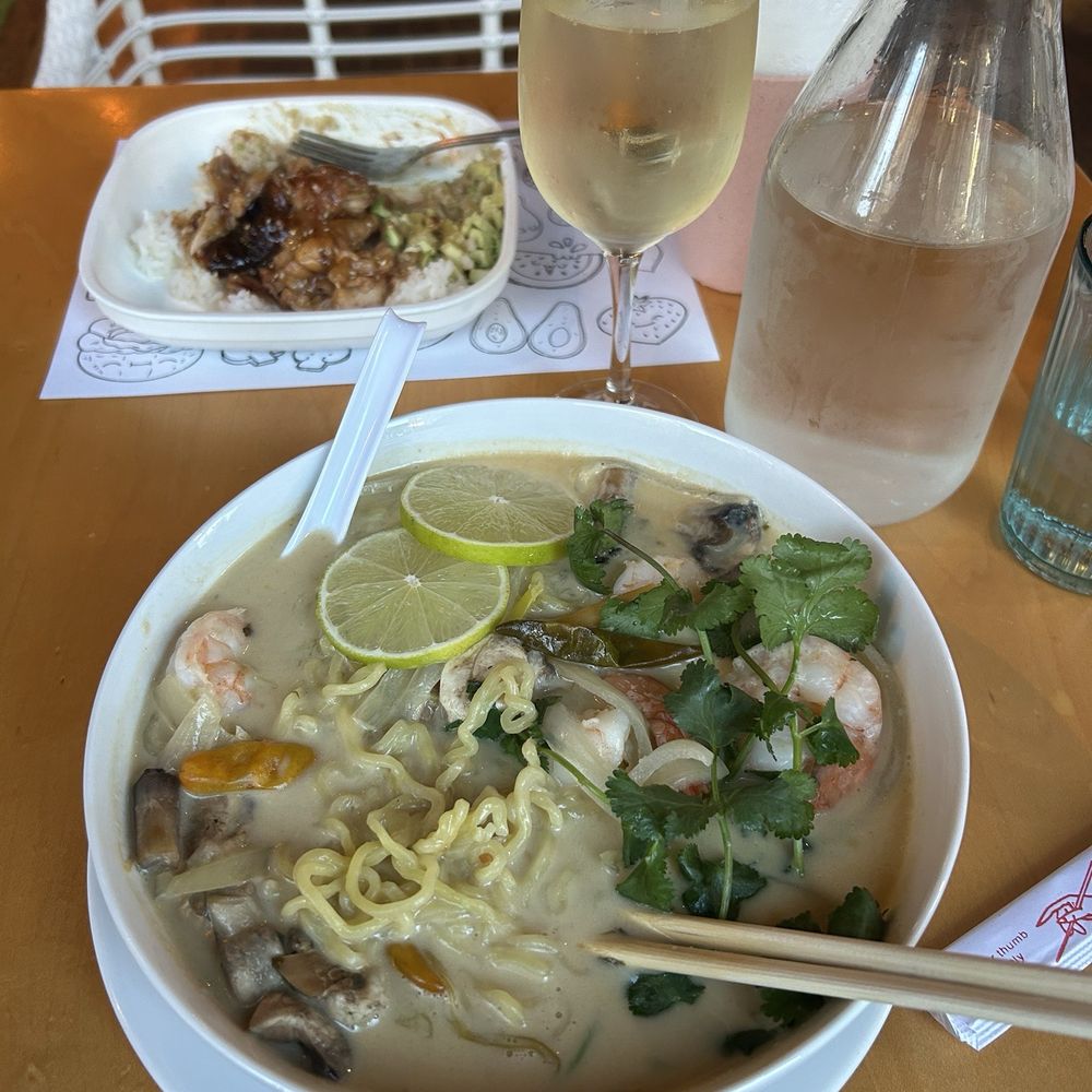 Buranko Cafe & Bar - Million Dollar Tom Kha Raman, glass of Prosecco, and kids teriyaki chicken and rice with avocado. - Asian Fusion Near Me - Portland, Oregon Buranko Cafe & Bar - Million Dollar Tom Kha Raman, glass of Prosecco, and kids teriyaki chicken and rice with avocado. - Asian Fusion Near Me - Portland, Oregon