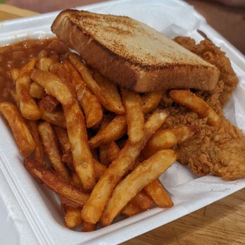 Mike's Chicken - Toast is dry and soft, but fries and chicken  were great! Baked beans a bit spicy/odd flavor. - Chicken Shop Near Me - Dallas, Texas
