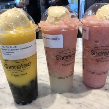Sharetea - Mango ice blend with Pearls & 2 Strawberry Ice Blended with Lychee Jelly and Ice Cream - Bubble Tea Near Me - Las Vegas, Nevada Sharetea - Mango ice blend with Pearls & 2 Strawberry Ice Blended with Lychee Jelly and Ice Cream - Bubble Tea Near Me - Las Vegas, Nevada
