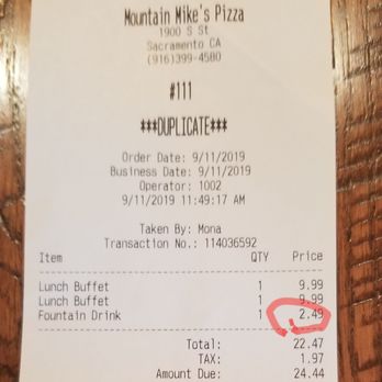 Mountain Mike's Pizza - All in all, great lunch special... all you can eat pizza, salad, and drinks for $9.99 - except $2.49 extra for to-go paper cup - Pizza Near Me - Sacramento, California