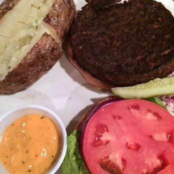 Hunter Mountain Brewery - Black bean burger; a bit crunchy and overdone - Breweries Near Me - Hunter, New York
