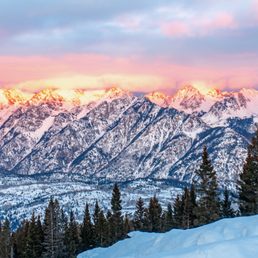 Purgatory Resort.  Alpen glow on nearby Grizzly Peak.