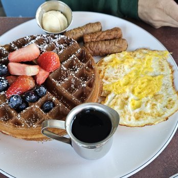 The Breakfast Bar - Waffle with turkey sausage and over hard eggs - Breakfast & Brunch Near Me - Long Beach, California The Breakfast Bar - Waffle with turkey sausage and over hard eggs - Breakfast & Brunch Near Me - Long Beach, California
