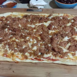 Simply Sausages - Homemade pizza using the British Breakfast Sausage taken out of it's casing and cooked up. Really really delicious