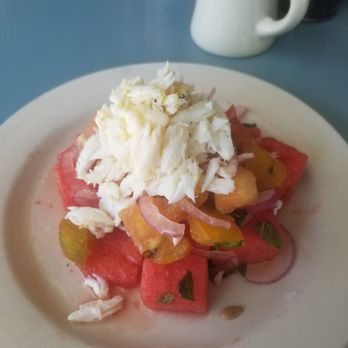 High Hat Cafe - Watermelon, heirloom tomato and lump crab meat salad. - Southern Near Me - New Orleans, Louisiana High Hat Cafe - Watermelon, heirloom tomato and lump crab meat salad. - Southern Near Me - New Orleans, Louisiana