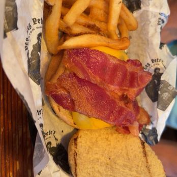 Peg Leg Pete's - Hamburger with bacon and fries - Seafood Near Me - Pensacola Beach, Florida Peg Leg Pete's - Hamburger with bacon and fries - Seafood Near Me - Pensacola Beach, Florida