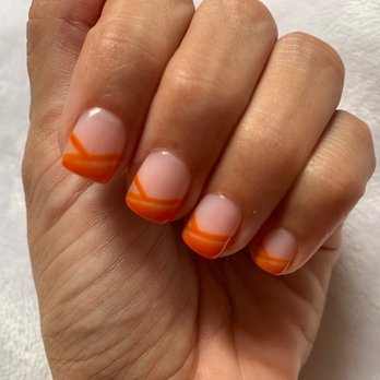Floral Nails & Spa - Orange French tip with design. - Nail Salons Near Me - Floral Park, New York Floral Nails & Spa - Orange French tip with design. - Nail Salons Near Me - Floral Park, New York