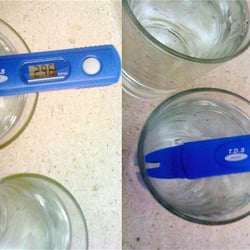 APEC Water Systems - Tap water (left) versus filtered water with the APEC countertop unit (right) measured with quality meter. Lower number = cleaner
