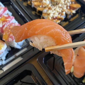 Joy’s Sushi Bar - Salmon Sushi.   Look at the size of that fish!! - Sushi Bars Near Me - Santa Fe, New Mexico