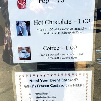 Whit's Frozen Custard - Drink prices and catering signage. - Ice Cream & Frozen Yogurt Near Me - Mount Airy, North Carolina Whit's Frozen Custard - Drink prices and catering signage. - Ice Cream & Frozen Yogurt Near Me - Mount Airy, North Carolina