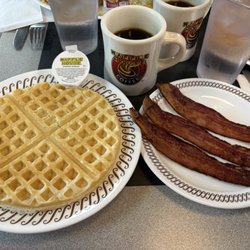 Waffle House - Waffle with bacon and coffee.