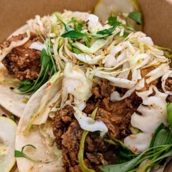 Pancho - Fried chicken tacos... thicc flour tortilla, perfectly crunchy fried chicken, pickles, cabbage, aioli