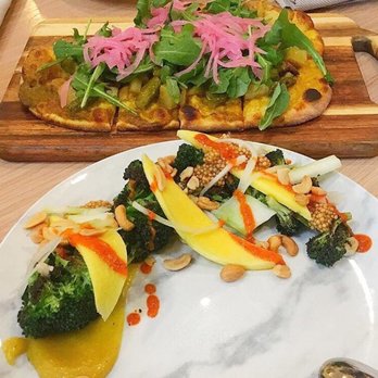 The Warbler - Curry Flatbread-Roasted Asparagus/Green Pepper, Crispy Potato/Arugula/Cocunut-Curry Puree & Roasted broccoli with mango - Pasta Shops Near Me - Chicago, Illinois