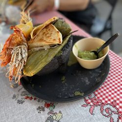 Molcajete plate with shrimp,nopales and Oaxaca cheese
