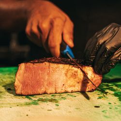 Double cut pork chop glazed in mustard and molasses