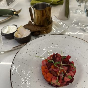 Velour - Borsch comes presented deconstructed, with liquid separate, then you combine  sour cream, salo, & bread on side - Ukrainian Near Me - Chicago, Illinois