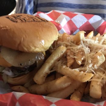 MEAT Eatery And Taproom - Regular burger with caramelized onions and truffle fries! - Burgers Near Me - Islamorada, Florida MEAT Eatery And Taproom - Regular burger with caramelized onions and truffle fries! - Burgers Near Me - Islamorada, Florida