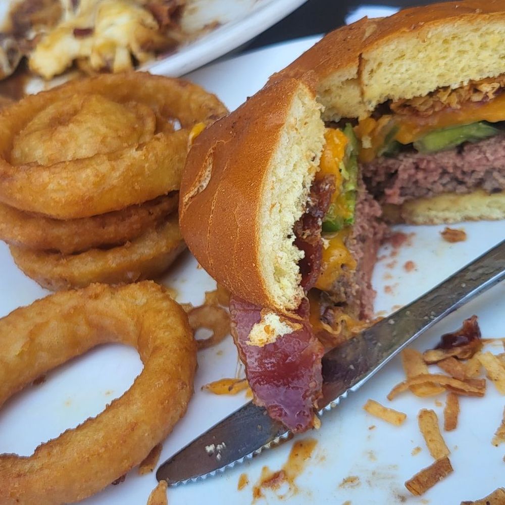 Fitger's Brewhouse Brewery and Grille - Bbq burger with onion rings(Apologies, I got excited and ate a quarter before taking a pic) - Brewpubs Near Me - Duluth, Minnesota Fitger's Brewhouse Brewery and Grille - Bbq burger with onion rings(Apologies, I got excited and ate a quarter before taking a pic) - Brewpubs Near Me - Duluth, Minnesota