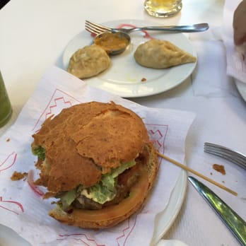 Veggie Garden - Nice burger (shame about the bun). The 'momo' with Mongolian sauce (at the top of the photo) are recommended - Vegan Near Me - Barcelona, B Veggie Garden - Nice burger (shame about the bun). The 'momo' with Mongolian sauce (at the top of the photo) are recommended - Vegan Near Me - Barcelona, B