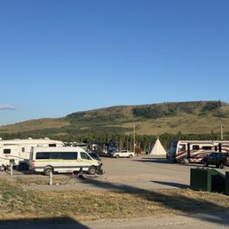 A gravel parking lot with RV's and a shabby tipi with none of the amenities in the description.