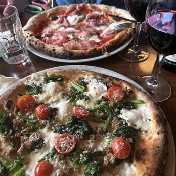 Pizzeria 22 - Crudo Pizza and Rapini Pizza with a bottle of Montepulciano Col del Mondo - Pizza Near Me - Seattle, Washington