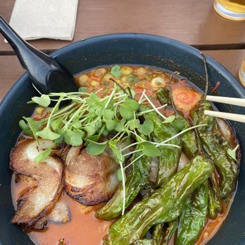Kuma Sushi - spicy miso ramen with pork, shishito peppers, and sprouts - Sushi Bars Near Me - Los Osos, California