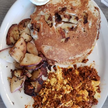 Millie's Cafe - Pasadena - The usual : banana walnut pancakes , soyrizo mixed into my scrambled eggs, and potatoes - Breakfast & Brunch Near Me - Pasadena, California Millie's Cafe - Pasadena - The usual : banana walnut pancakes , soyrizo mixed into my scrambled eggs, and potatoes - Breakfast & Brunch Near Me - Pasadena, California