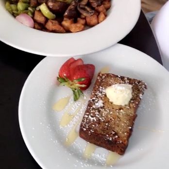 Mama's Boy - Banana bread with honey and poppyseed butter.  Vegetable and potato hash in background - Southern Near Me - Athens, Georgia