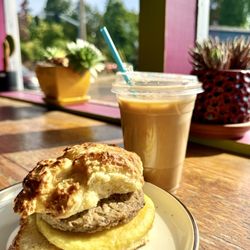 Glass House Coffee Bar - Dirty chai tea latte and breakfast egg biscuit sandwich