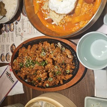 JinCook - Spicy Pork Bulgogi, Steamed Dumplings (7PCS), Rose Tteokbokki (Rose Spicy Rice Cake) with ramen noodles - Korean Near Me - Los Angeles, California JinCook - Spicy Pork Bulgogi, Steamed Dumplings (7PCS), Rose Tteokbokki (Rose Spicy Rice Cake) with ramen noodles - Korean Near Me - Los Angeles, California