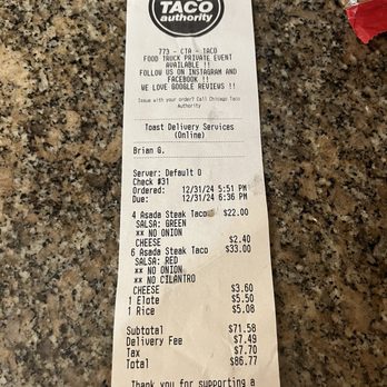 Chicago Taco Authority - My receipt showing I paid for cheese and salsa. - Tacos Near Me - Chicago, Illinois