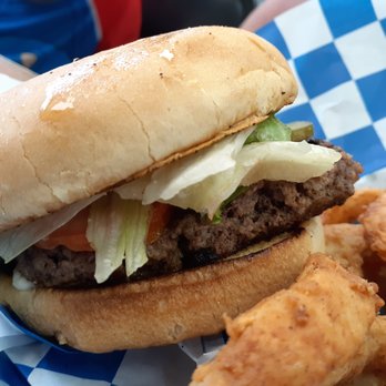 Mel's Blueplate Express - Burger with onion rings. - Seafood Near Me - Galveston, Texas