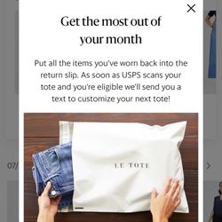 Le Tote - App message that encourages you to quickly return your tote to get a new one, a service they do not offer anymore, apparently.