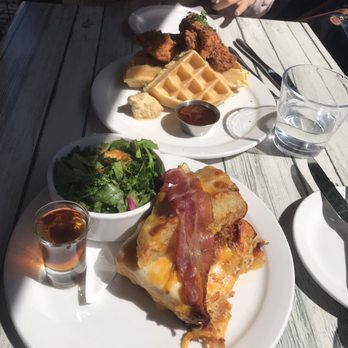 School Restaurant - Cheesy bacon French toast with side salad and fried chicken and waffles - Bakeries Near Me - Toronto, Ontario