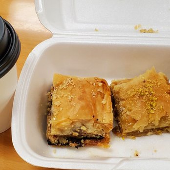 Elias Pita - three pieces of baklaa in a styrofoam container - Mediterranean Near Me - Riverside, California Elias Pita - three pieces of baklaa in a styrofoam container - Mediterranean Near Me - Riverside, California