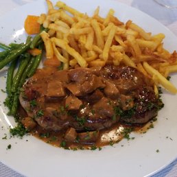 Beef with mushroom sauce, frites and veg. Delicious
