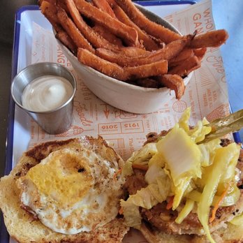 Scout - Salmon burger and sweet potato fries. - Bars Near Me - Decatur, Georgia Scout - Salmon burger and sweet potato fries. - Bars Near Me - Decatur, Georgia