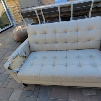 J & D Upholstery - Leather sofa with right armrest torn and padding torn out. - Furniture Reupholstery Near Me - Huntington Beach, California J & D Upholstery - Leather sofa with right armrest torn and padding torn out. - Furniture Reupholstery Near Me - Huntington Beach, California