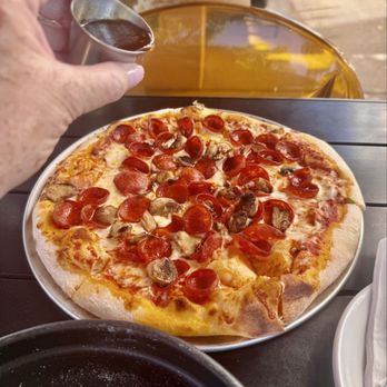 Fire and Brimstone - Pepperoni and mushroom pizza with honey drizzle. - Pizza Near Me - Gilbert, Arizona