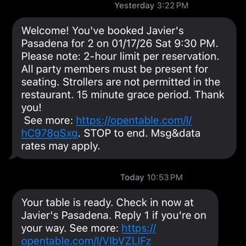 Javiers - Automated messages from Javier's - New Mexican Cuisine Near Me - Pasadena, California