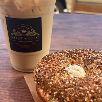 Nostalgic Cafe - Iced Vanilla Latte  Everything Bagel - Coffee & Tea Near Me - Pasadena, California
