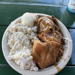 Shoyu chicken plate with double Mac salad which