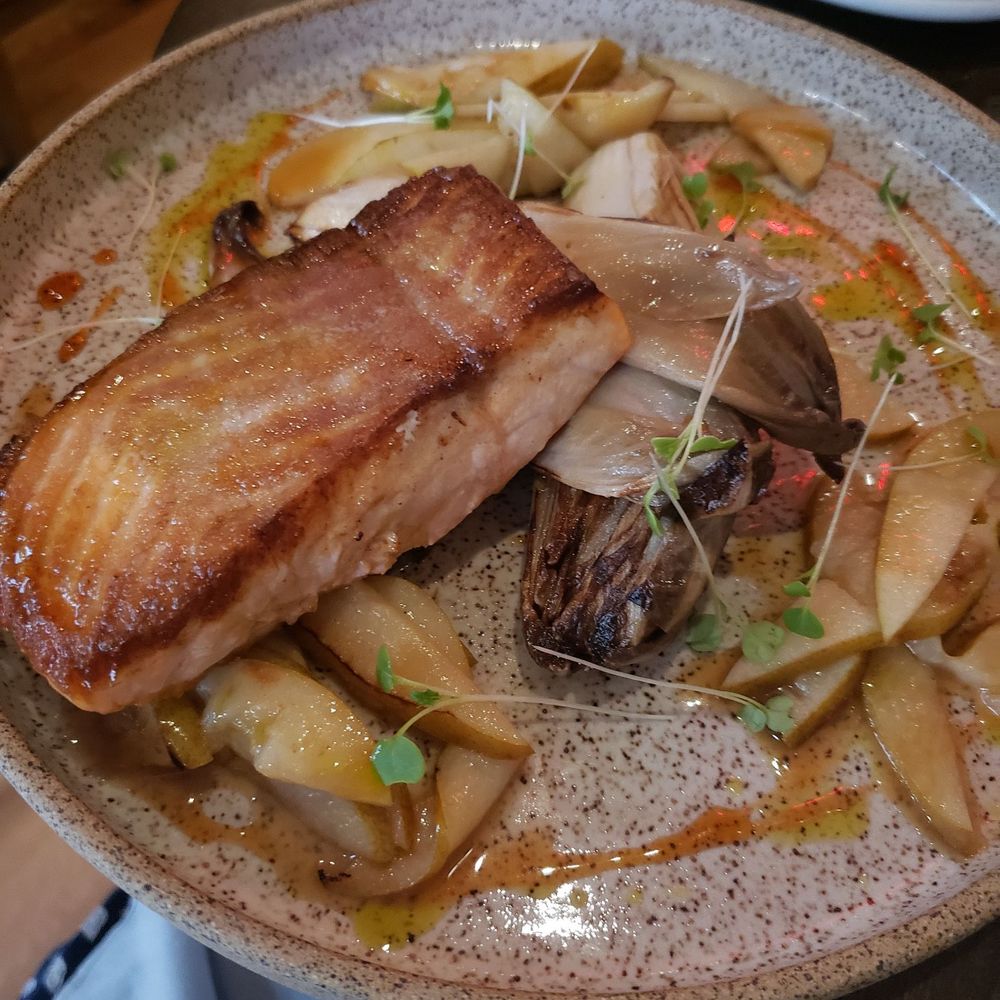 The Post - Skillet Seared Salmon w/ Pear and Endive - Bars Near Me - Wilmington, Delaware The Post - Skillet Seared Salmon w/ Pear and Endive - Bars Near Me - Wilmington, Delaware