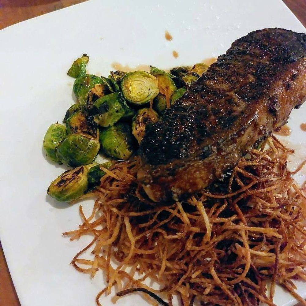 Brix 25 - Center cut New York Prime, with roasted brussel sprouts and fries. - New American Near Me - Gig Harbor, Washington