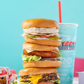 P. Terry's Burger Stand - A stack of P. Terry's Double Cheeseburger and Chicken Burgers (Grilled & Crispy). - Burgers Near Me - Austin, Texas P. Terry's Burger Stand - A stack of P. Terry's Double Cheeseburger and Chicken Burgers (Grilled & Crispy). - Burgers Near Me - Austin, Texas