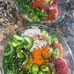 Combination poke bowls (I added jalapeños myself at home) Combination poke bowls (I added jalapeños myself at home)